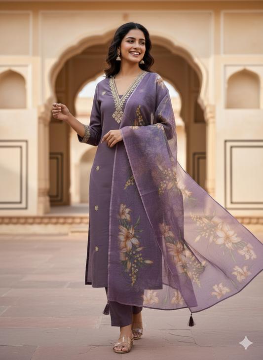 Roman Silk Kurti Set with Digital Print Chanderi Dupatta | Embroidered 3-Piece Ensemble