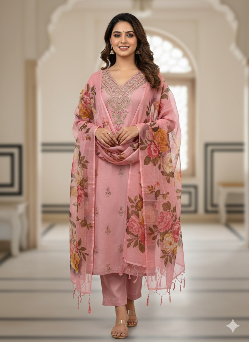 Light Peach Roman Silk Kurti Set | Embroidered Designer Wear with Digital Print Dupatta