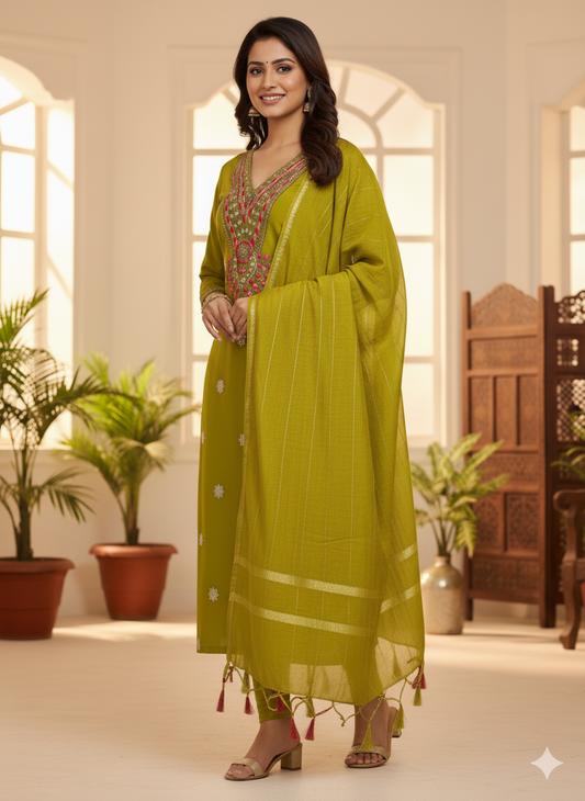 Roman Silk Kurti Set with Embroidered Details & Cotton Silk Dupatta | 3-Piece Luxury Ensemble