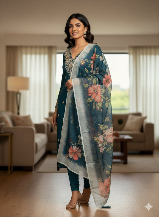 Teal Blue Roman Silk Designer Kurti Pant Dupatta Set – 3 Piece Ethnic Wear