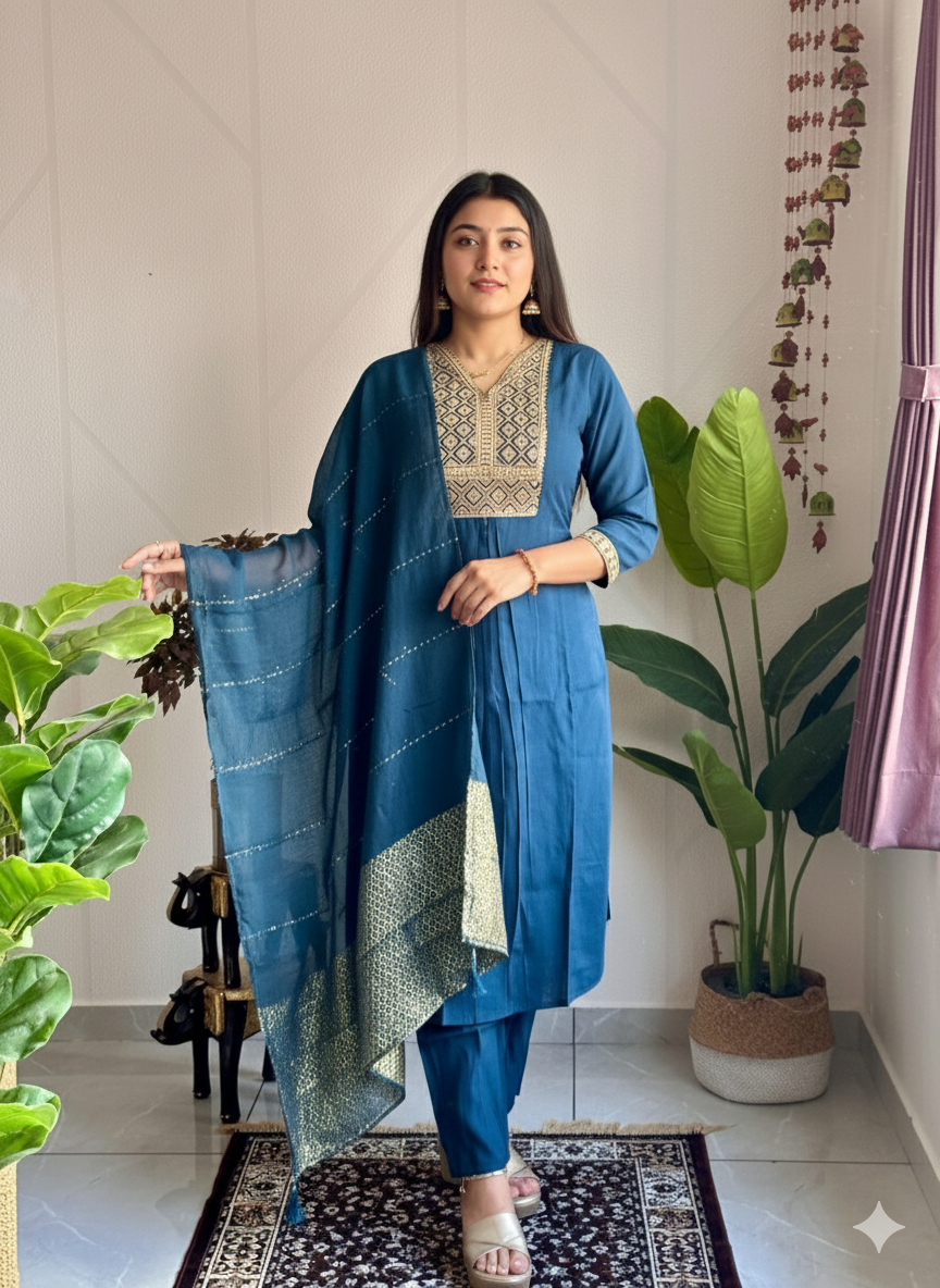 Elegant Embroidery | Roman Silk Kurti with Pent & Dupatta Set