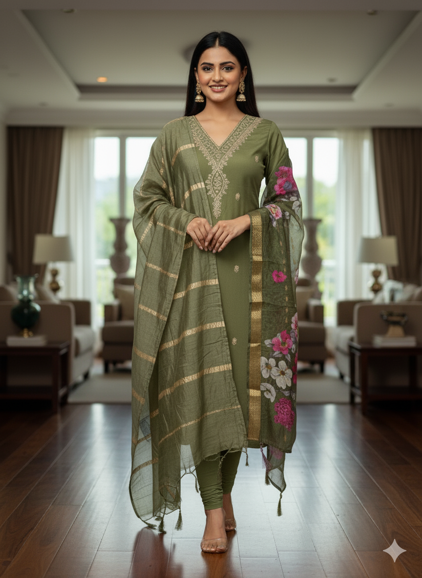 Embroidered Roman Silk Kurti Set with Digital Print Chanderi Dupatta | Premium 3-Piece Ensemble