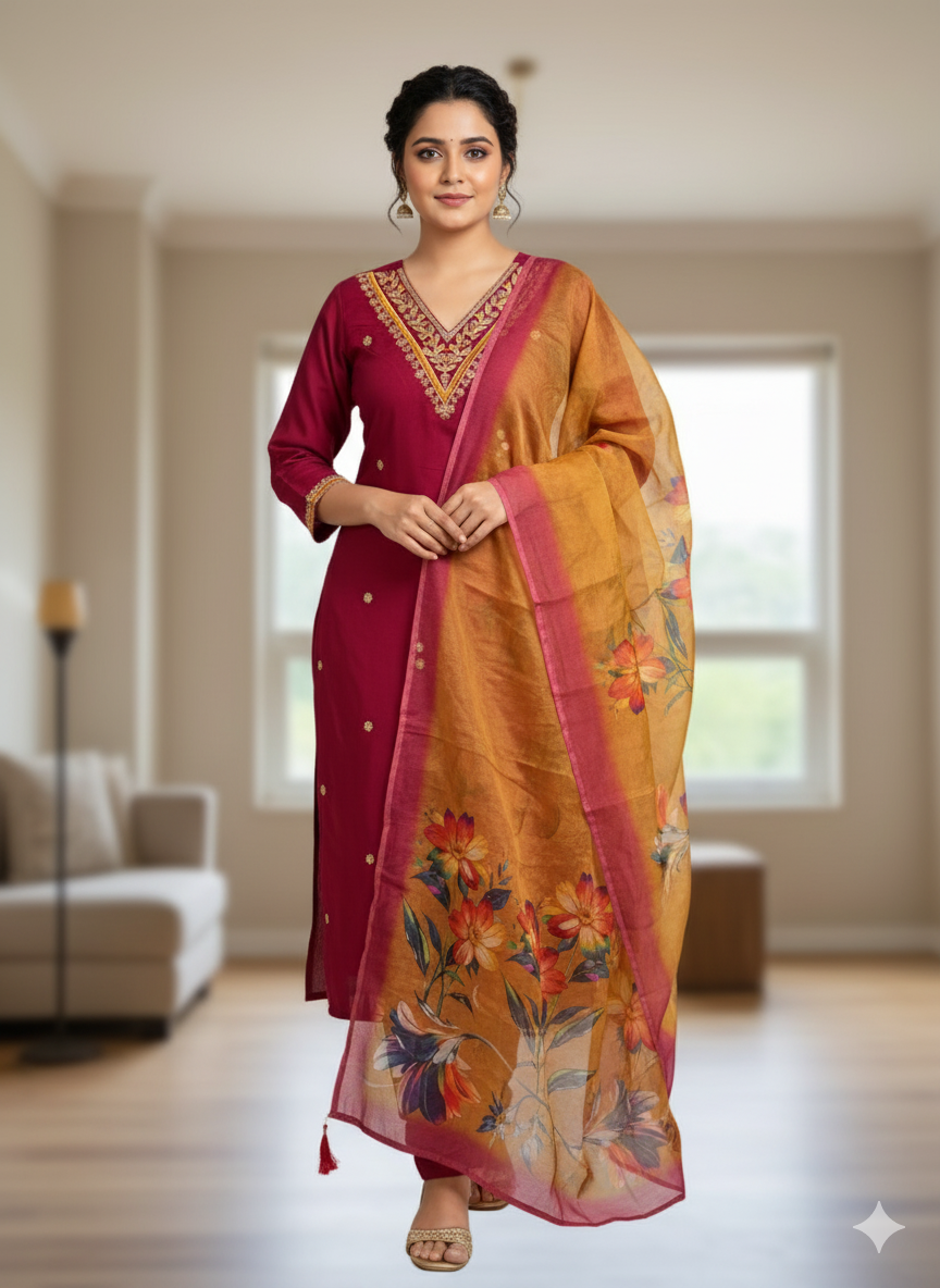 Maroon Roman Silk Kurti Pent Dupatta Set – Luxurious 3-Piece Ensemble