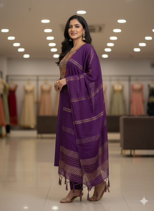 Embroidered Roman Silk Kurti Set with Sequined Dupatta