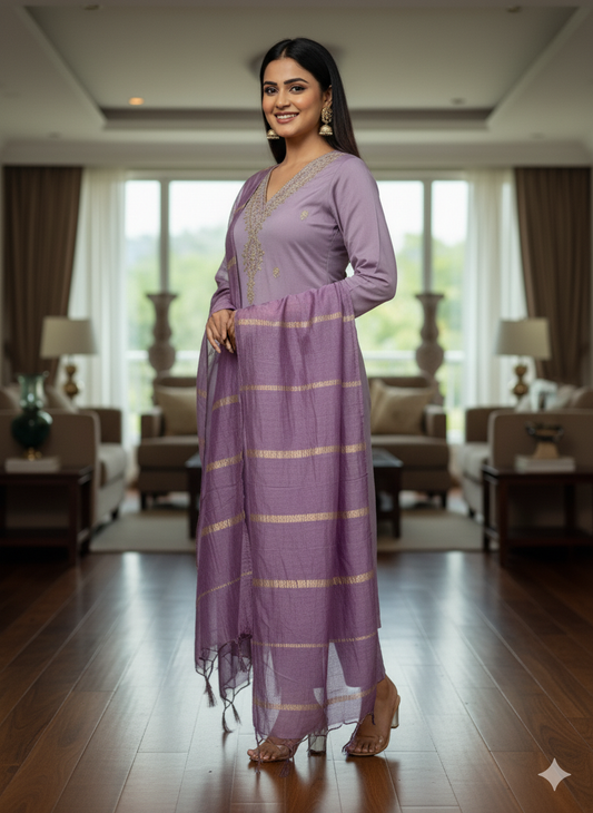 Lavender Roman Silk Designer Kurti Pant Dupatta Set – 3 Piece Ethnic Wear
