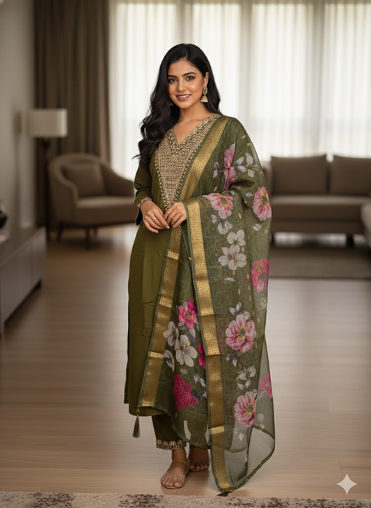 Roman Silk Embroidered Kurti Set with Digital Print Chanderi Dupatta