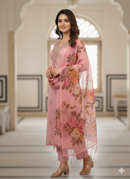 Light Peach Roman Silk Kurti Set | Embroidered Designer Wear with Digital Print Dupatta