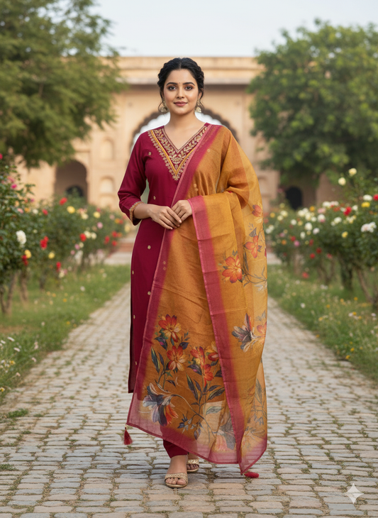 Maroon Roman Silk Kurti Pent Dupatta Set – Luxurious 3-Piece Ensemble