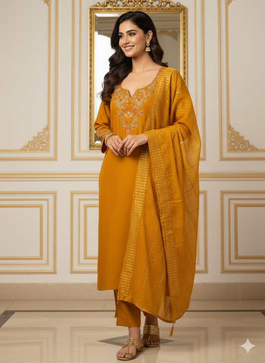 Elegant Mustard Designer Kurti Set with Embroidered Dupatta | Roman Silk Indo-Western Outfit