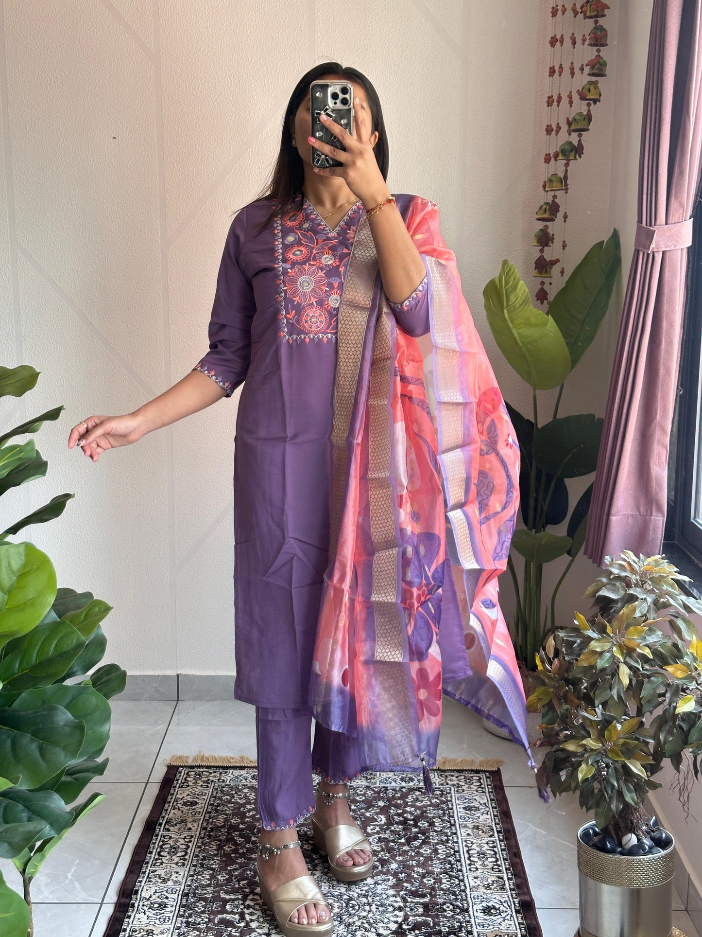 Violet Elegance: Embroidered Roman Silk Kurti Set with Organza Dupatta