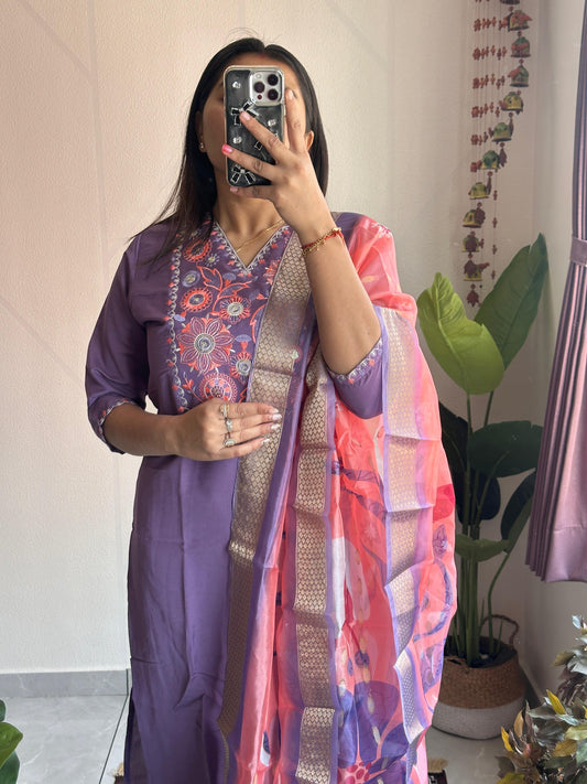 Violet Elegance: Embroidered Roman Silk Kurti Set with Organza Dupatta