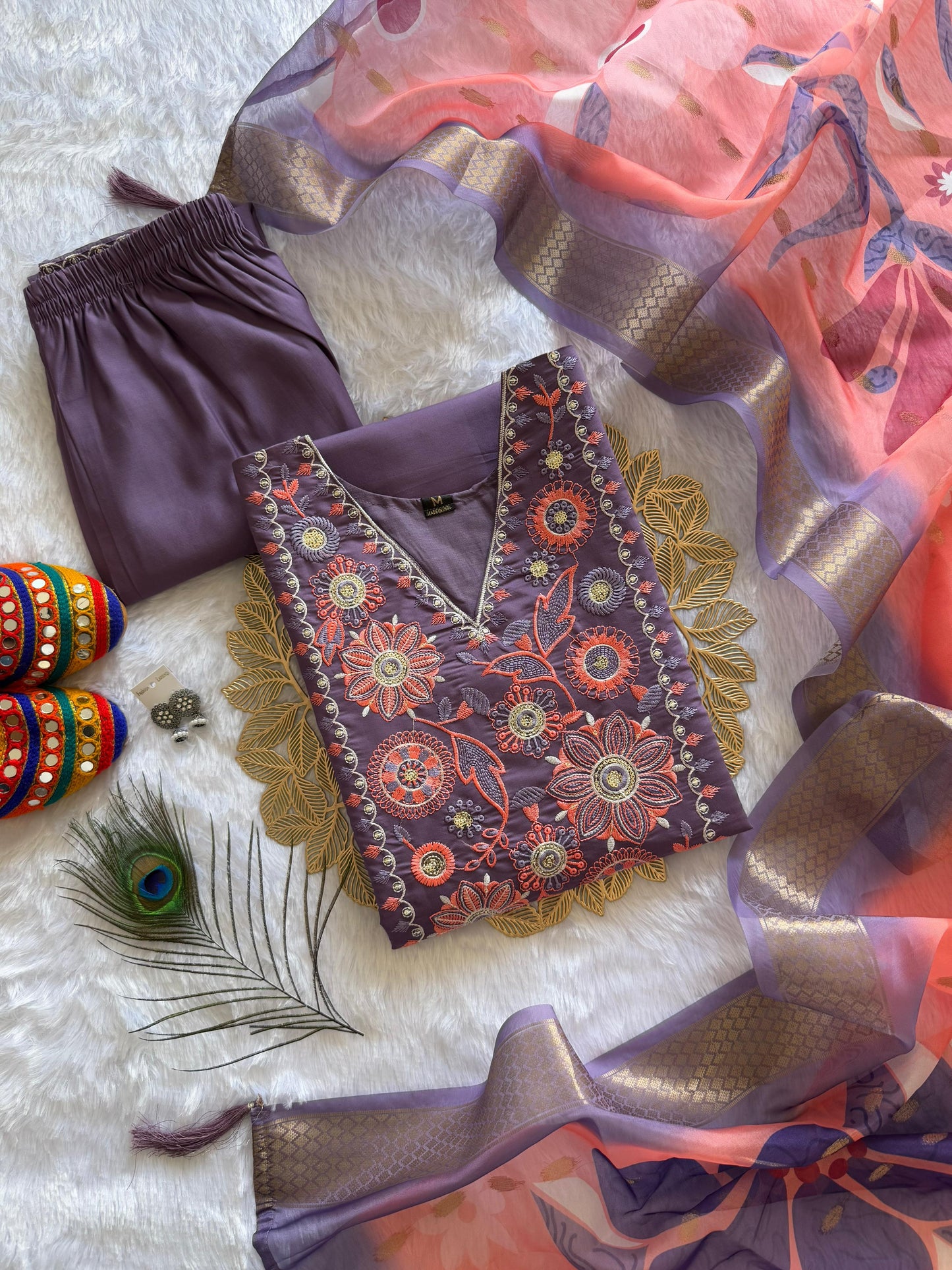 Violet Elegance: Embroidered Roman Silk Kurti Set with Organza Dupatta