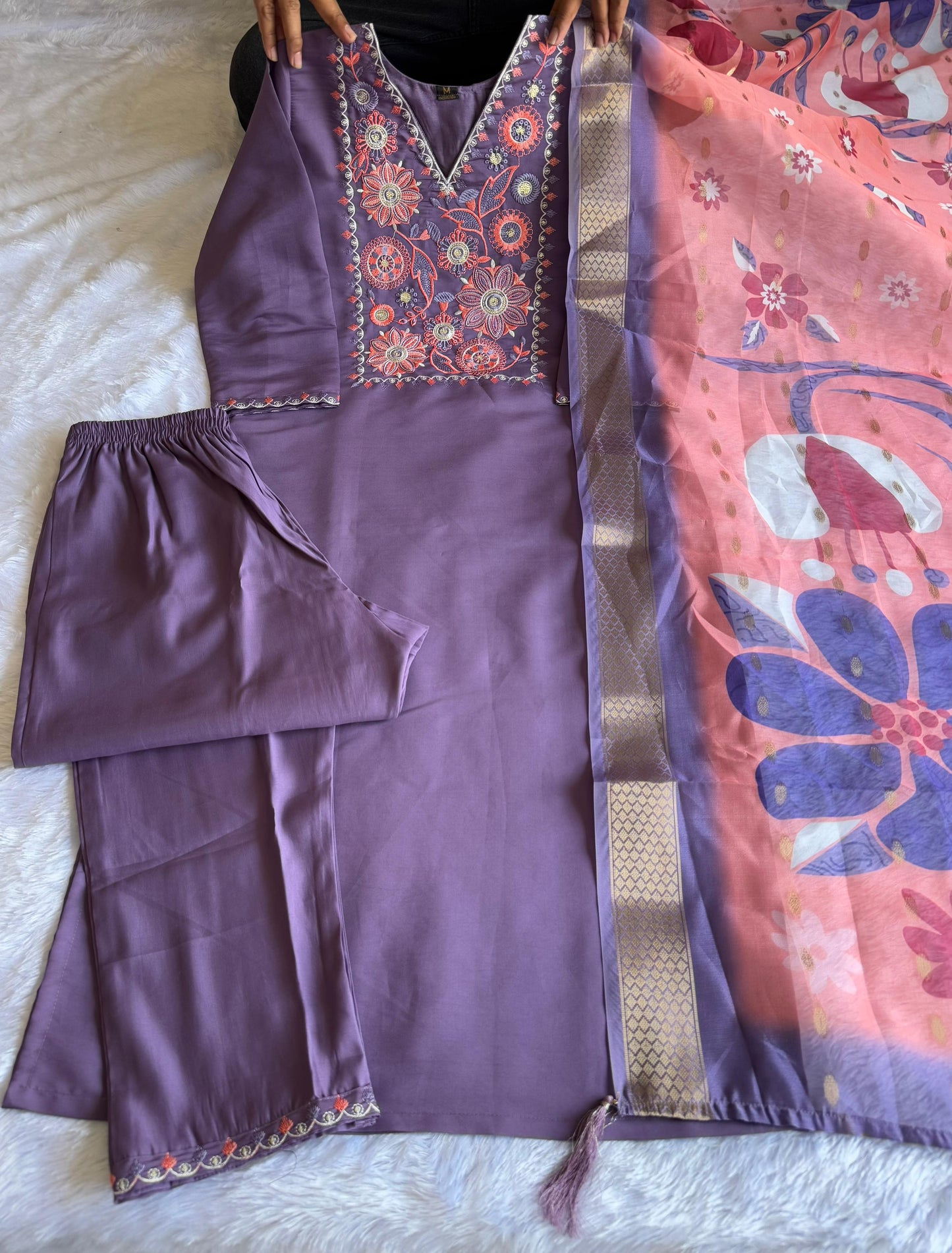 Violet Elegance: Embroidered Roman Silk Kurti Set with Organza Dupatta