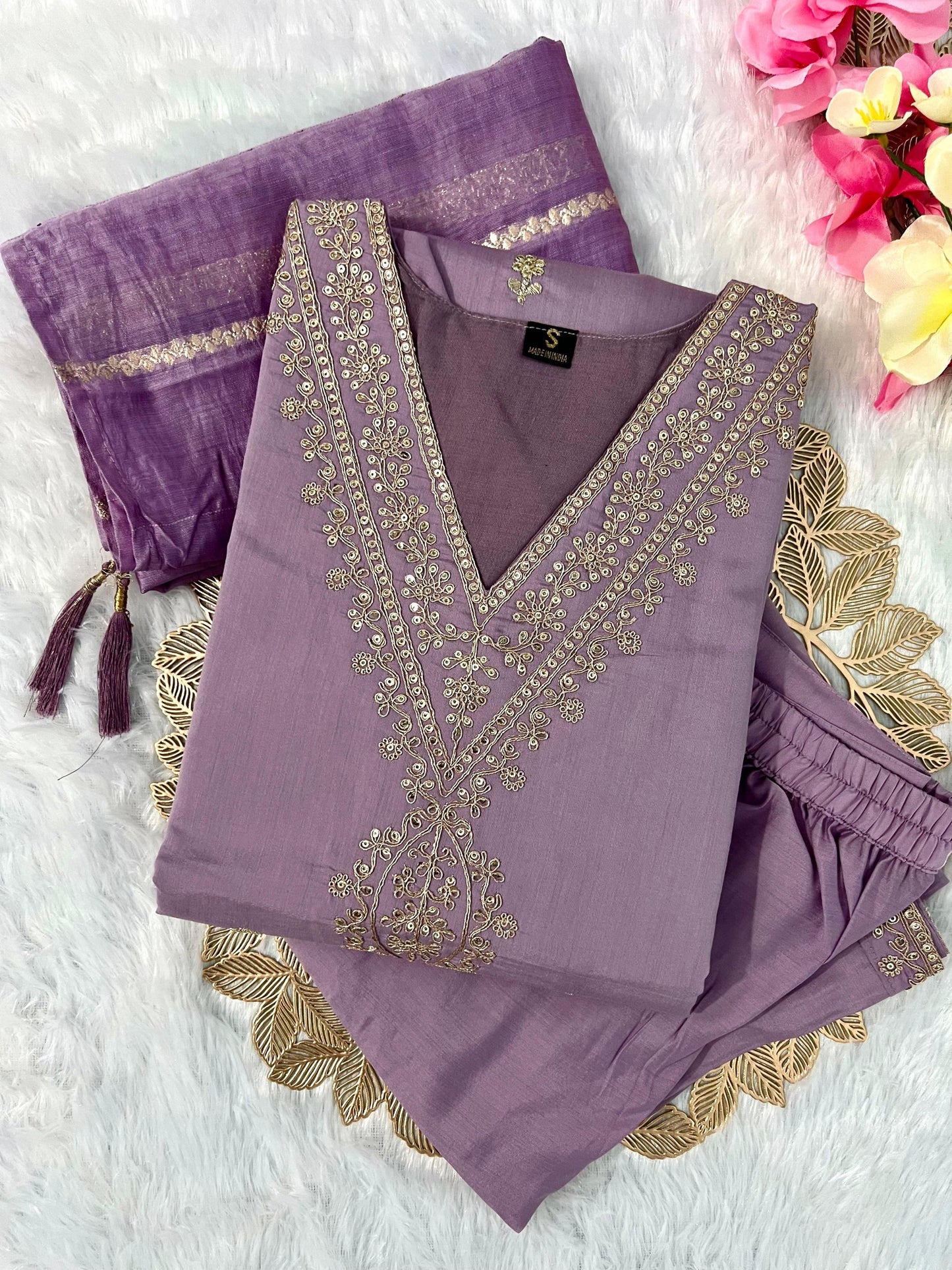 Lavender Roman Silk Designer Kurti Pant Dupatta Set – 3 Piece Ethnic Wear