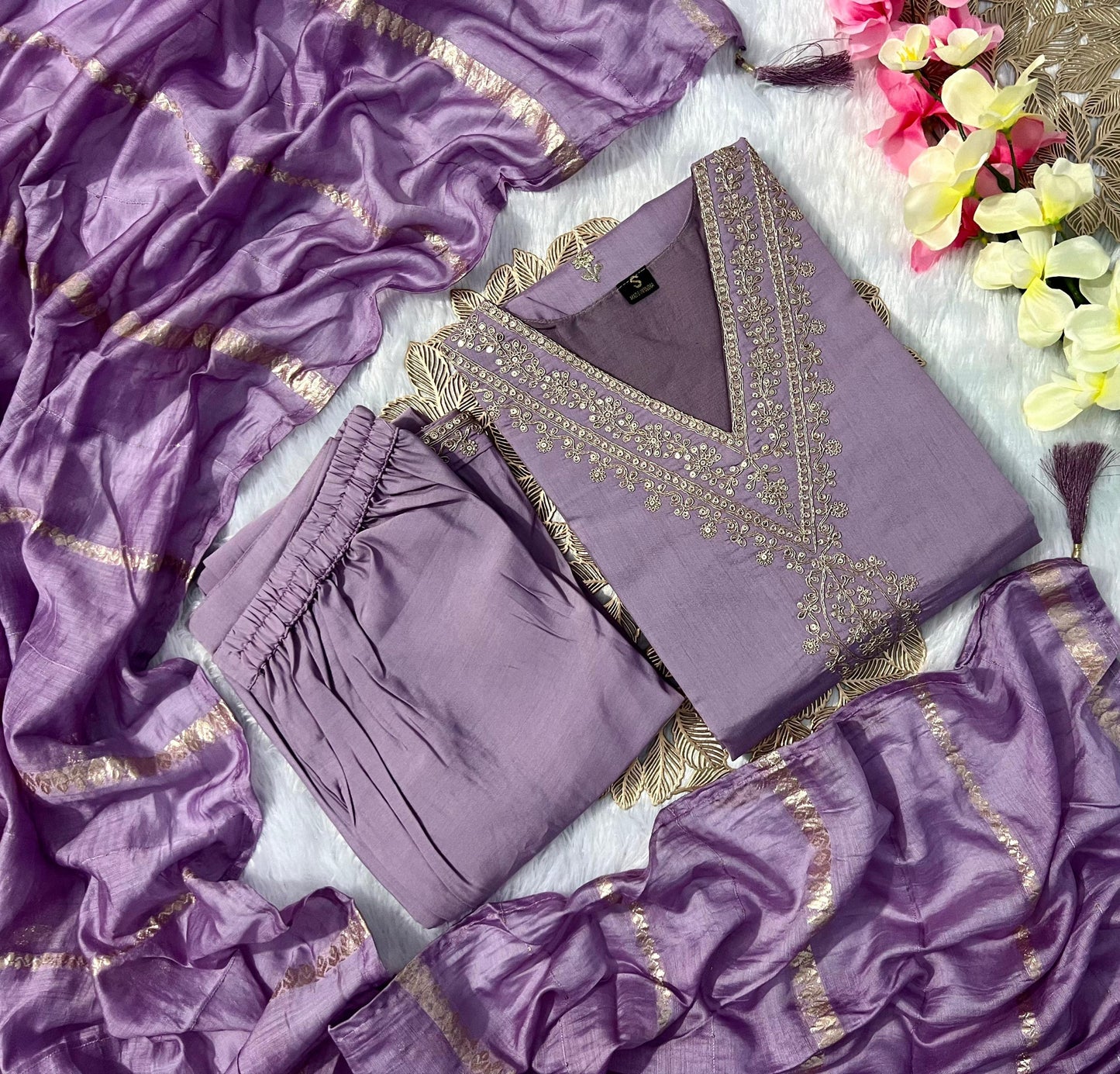 Lavender Roman Silk Designer Kurti Pant Dupatta Set – 3 Piece Ethnic Wear