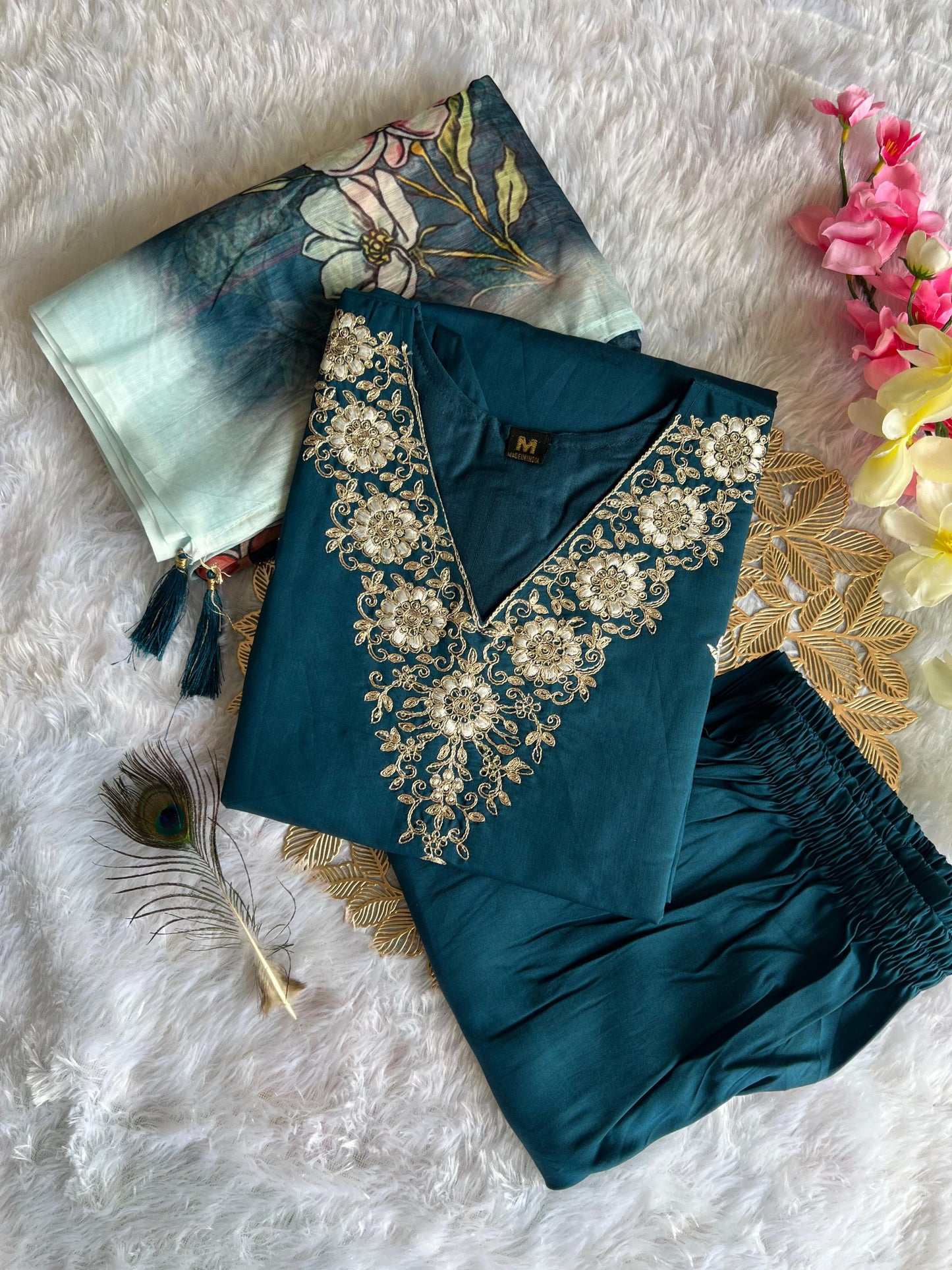 Teal Blue Roman Silk Designer Kurti Pant Dupatta Set – 3 Piece Ethnic Wear