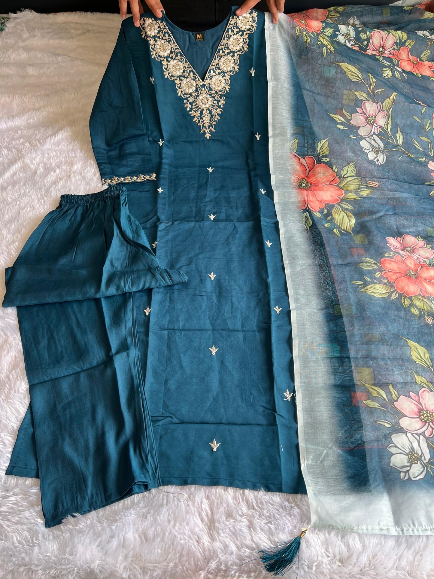 Teal Blue Roman Silk Designer Kurti Pant Dupatta Set – 3 Piece Ethnic Wear