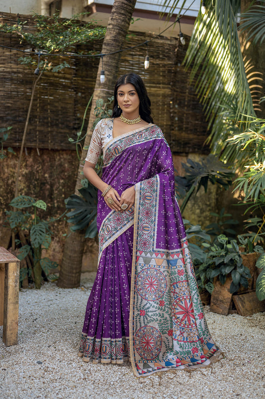 Yogita Madhubani | Artisan Tussar Silk Saree with Bandhani & Print