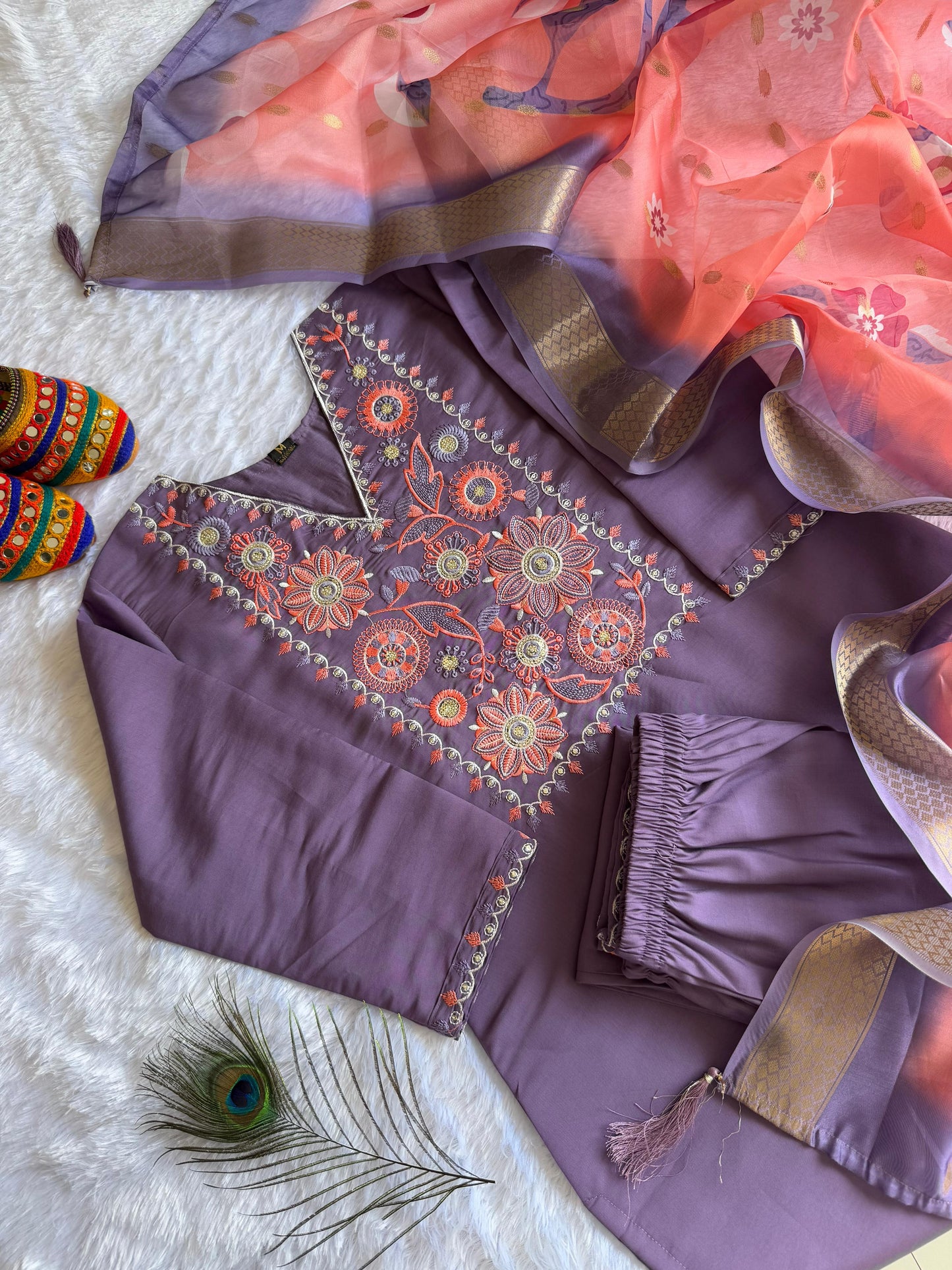 Violet Elegance: Embroidered Roman Silk Kurti Set with Organza Dupatta