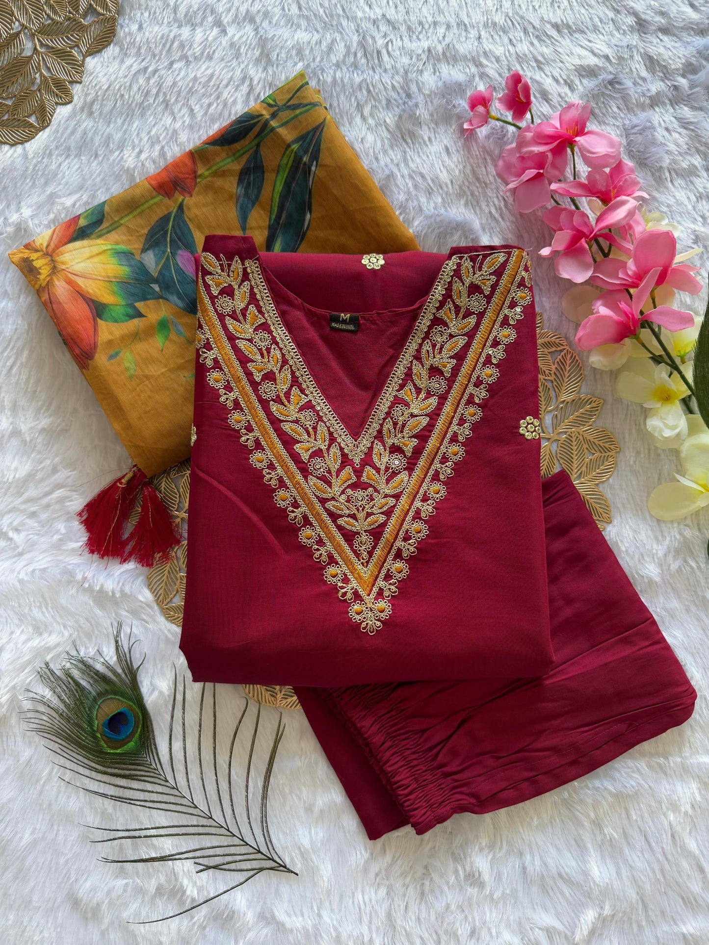 Maroon Roman Silk Kurti Pent Dupatta Set – Luxurious 3-Piece Ensemble