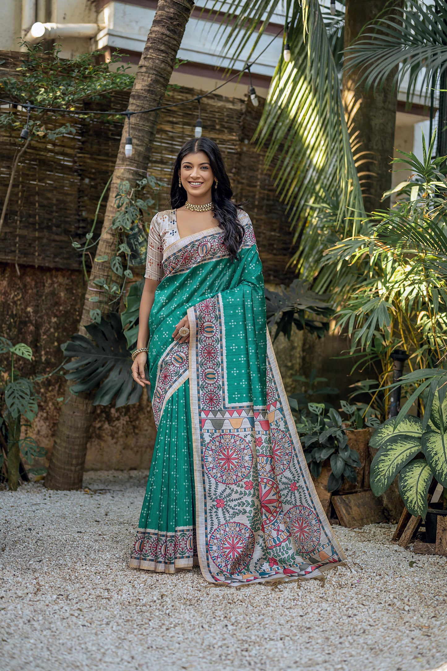 Yogita Madhubani | Artisan Tussar Silk Saree with Bandhani & Print