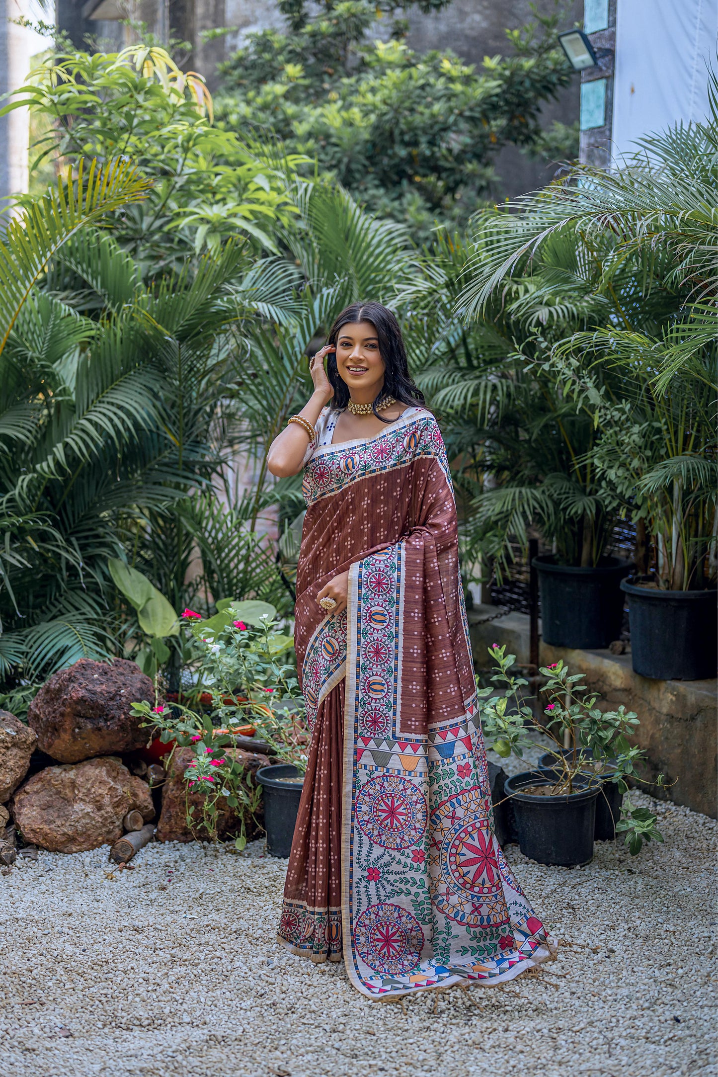 Yogita Madhubani | Artisan Tussar Silk Saree with Bandhani & Print