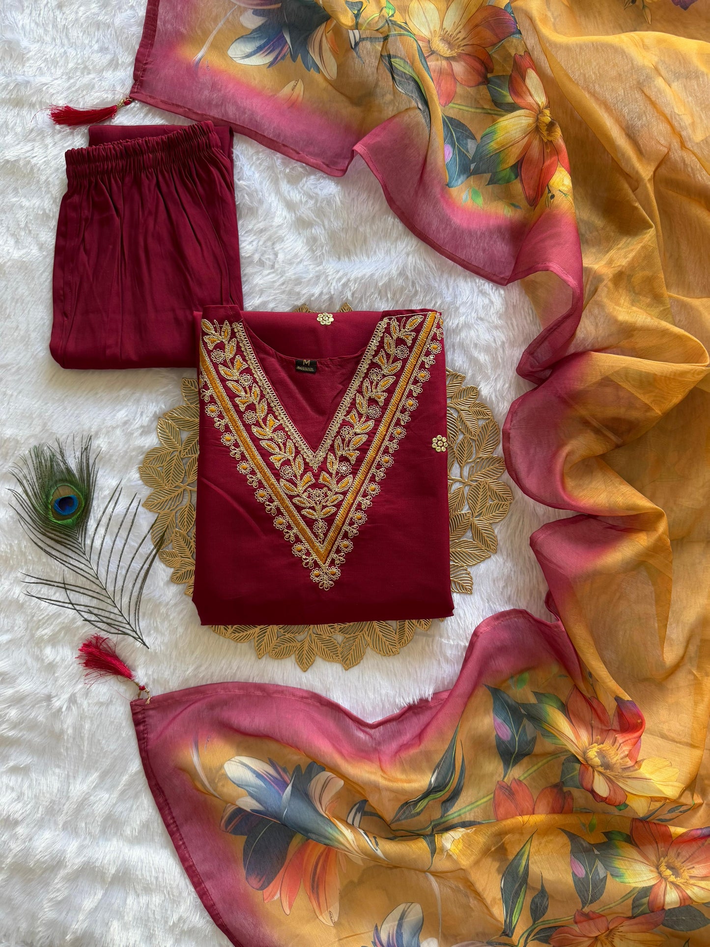 Maroon Roman Silk Kurti Pent Dupatta Set – Luxurious 3-Piece Ensemble