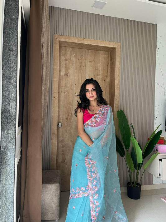 The 'Manali' - Pure Organza Silk Saree with Exquisite Hand Embroidery