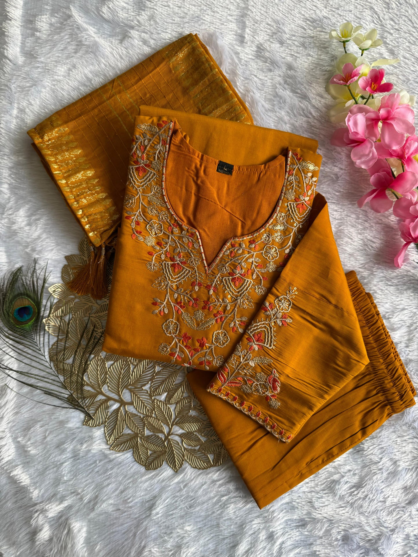 Elegant Mustard Designer Kurti Set with Embroidered Dupatta | Roman Silk Indo-Western Outfit