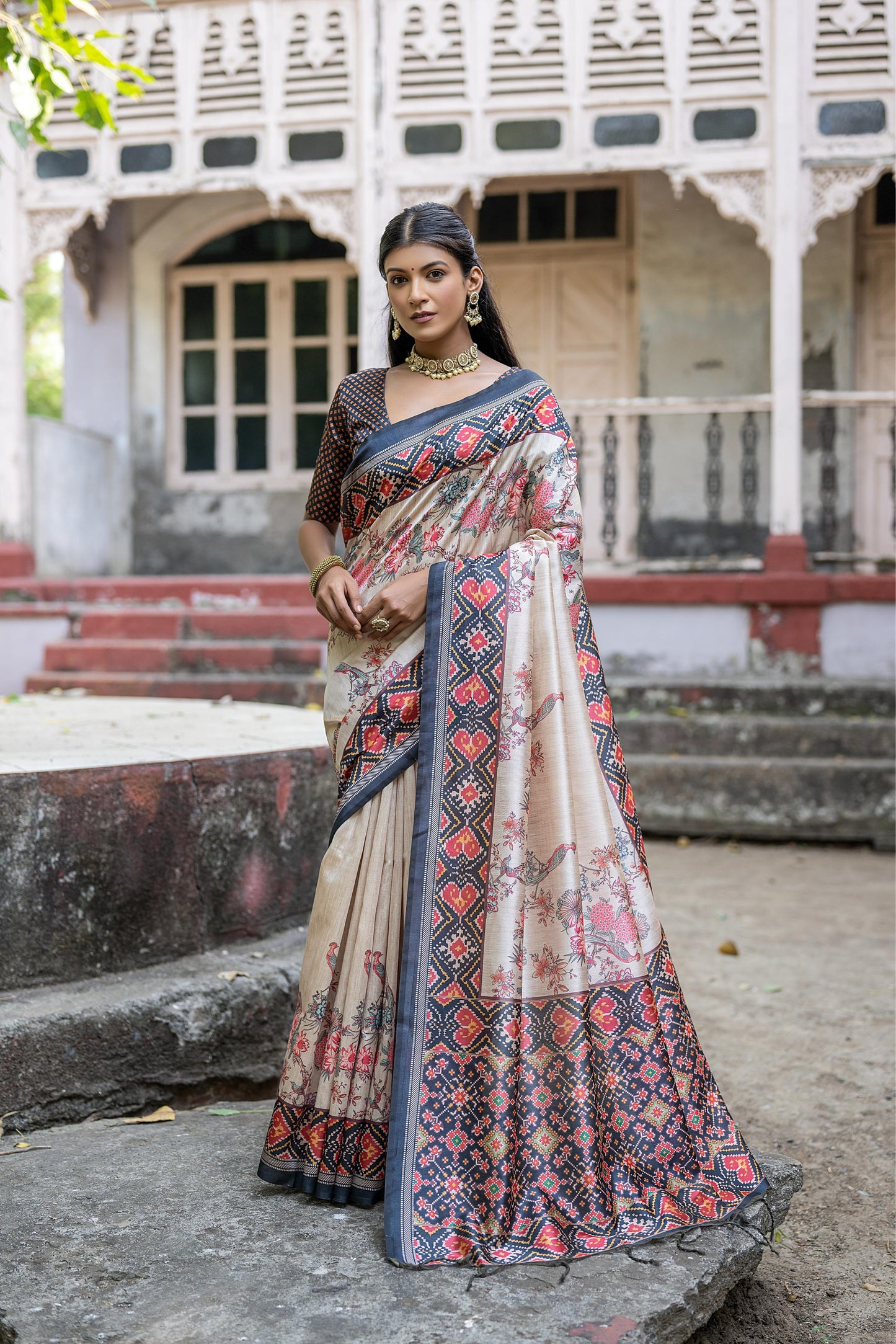 Designer Tussar Silk Saree | Patola Print & Floral Jal | Yogita Collection