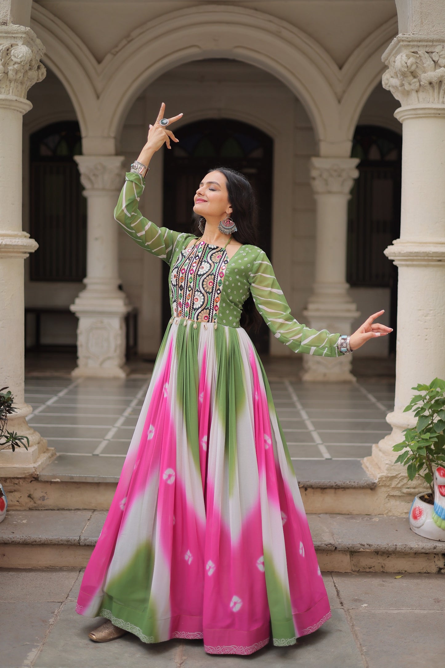 Navratri Bandhej Gown with Gamthi Embroidery | Mirror Work Faux Georgette Gown