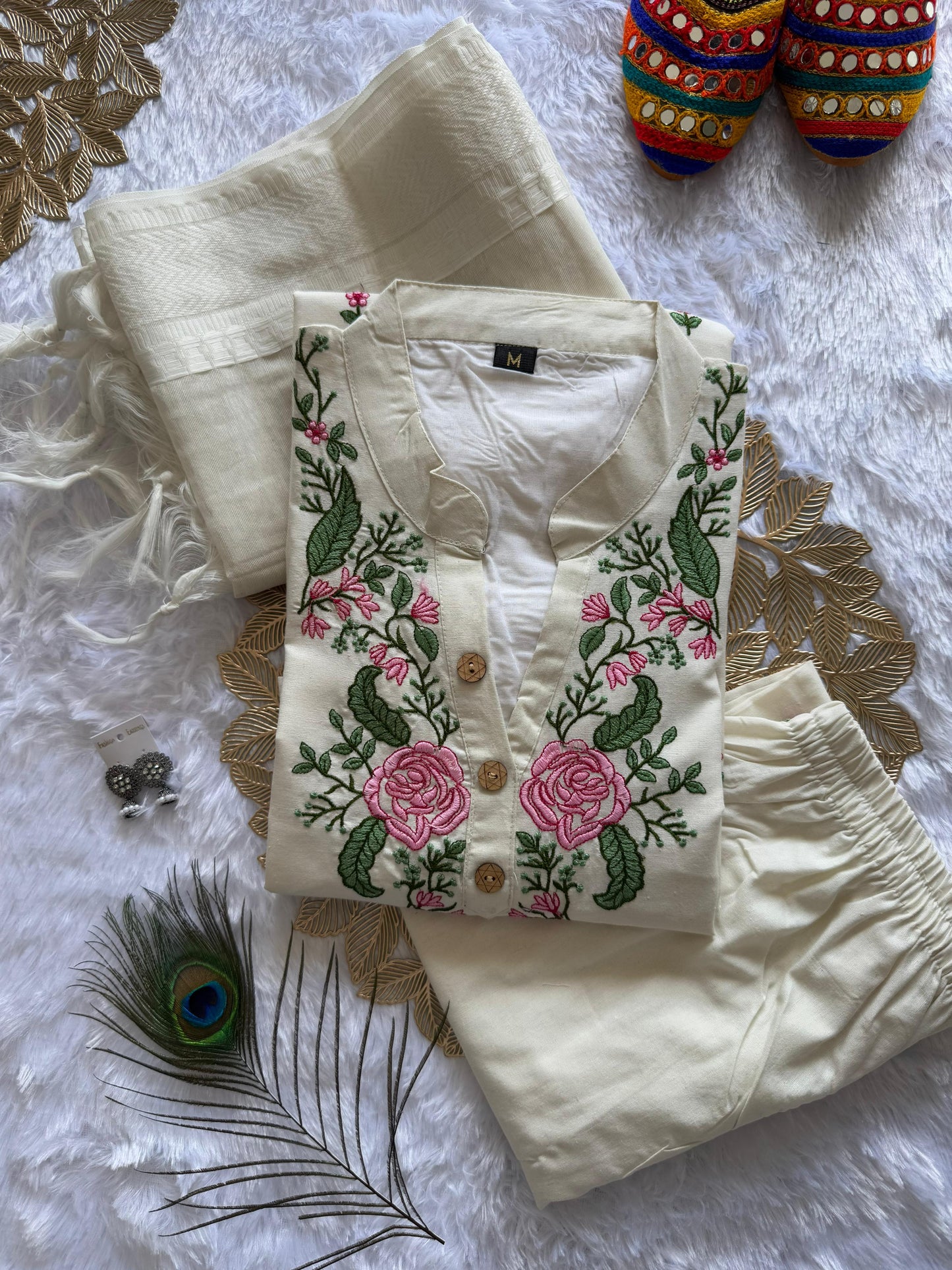 Pure White Khadi Cotton Kurti Set with Embroidery & Zig-Zag Border Dupatta | Ethically Crafted Ensemble