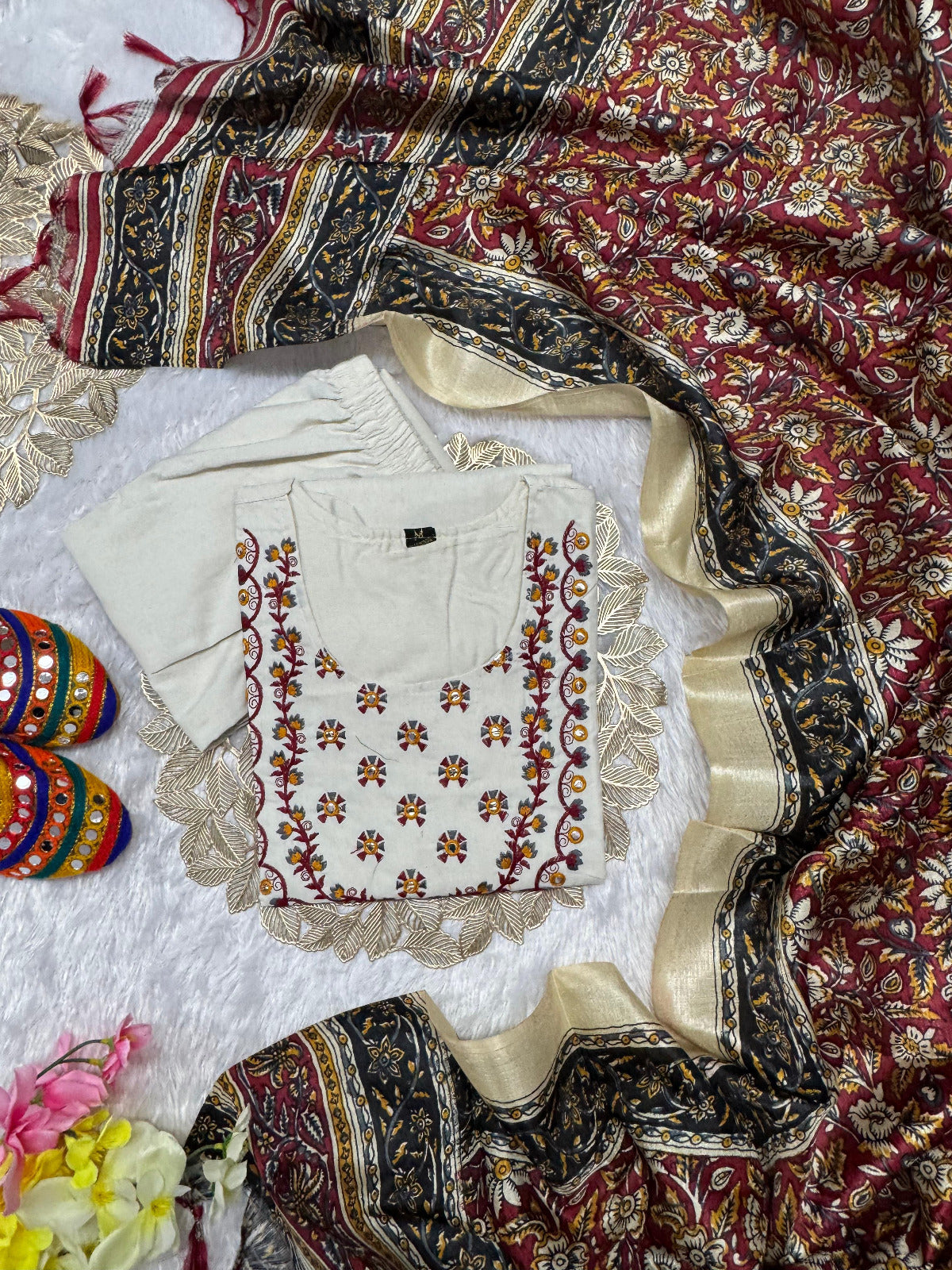 Khadi Cotton Kurti Set with Embroidery | White Ethnic 3-Piece Outfit | S-3XL Sizes