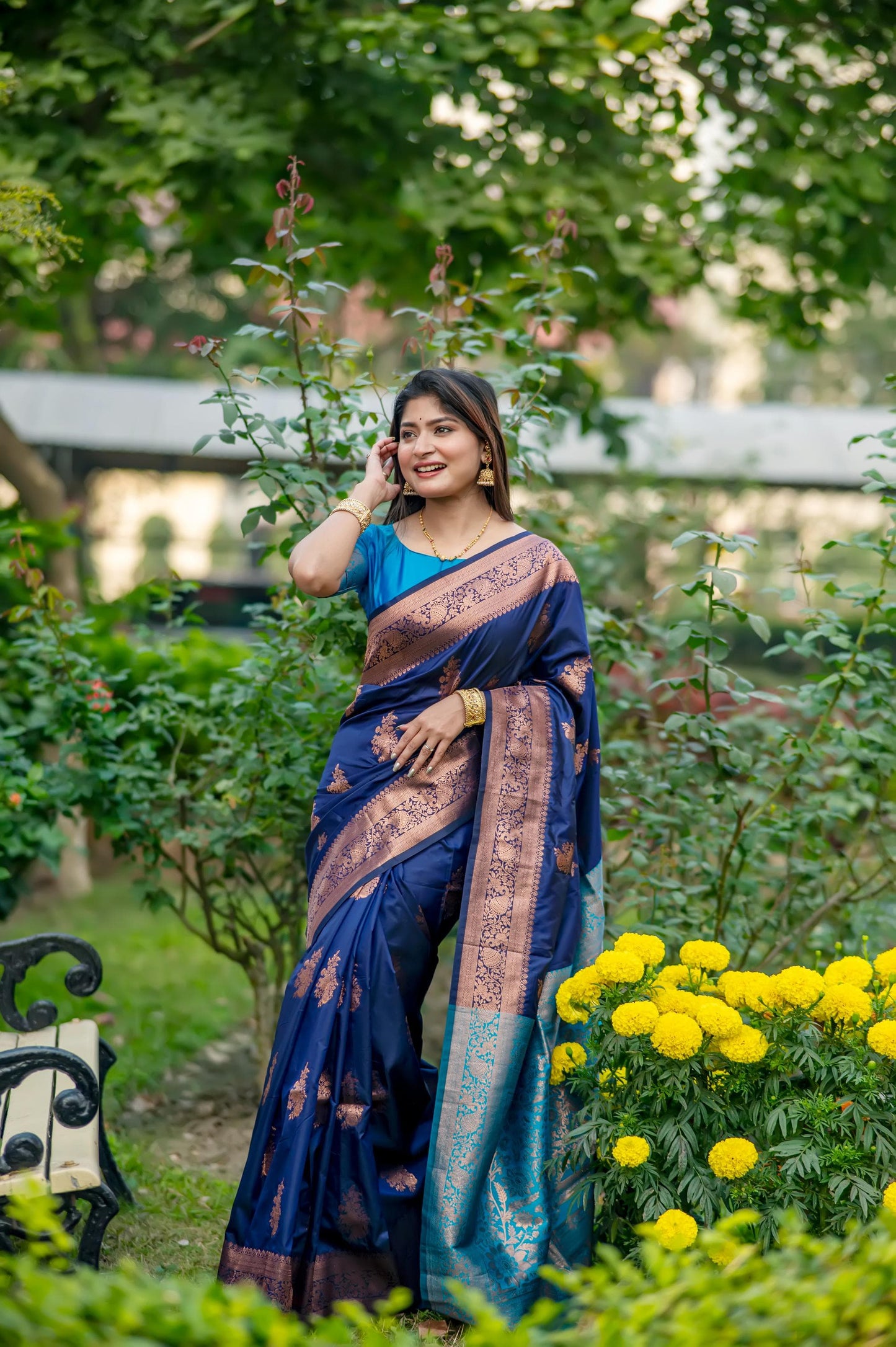 Premium Soft Banarasi Katan Silk Saree | All-Over Zari Weaving | Contrast Blouse