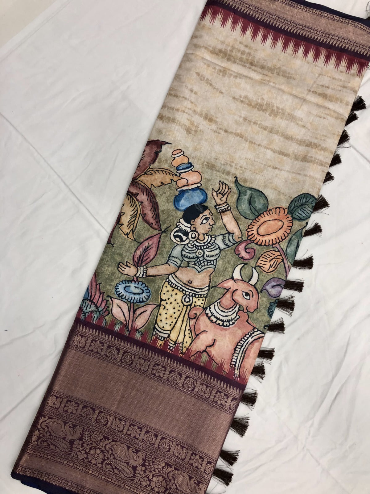 Vidya | Premium Soft Banarasi Silk Saree with Kalamkari Print & Zari Work