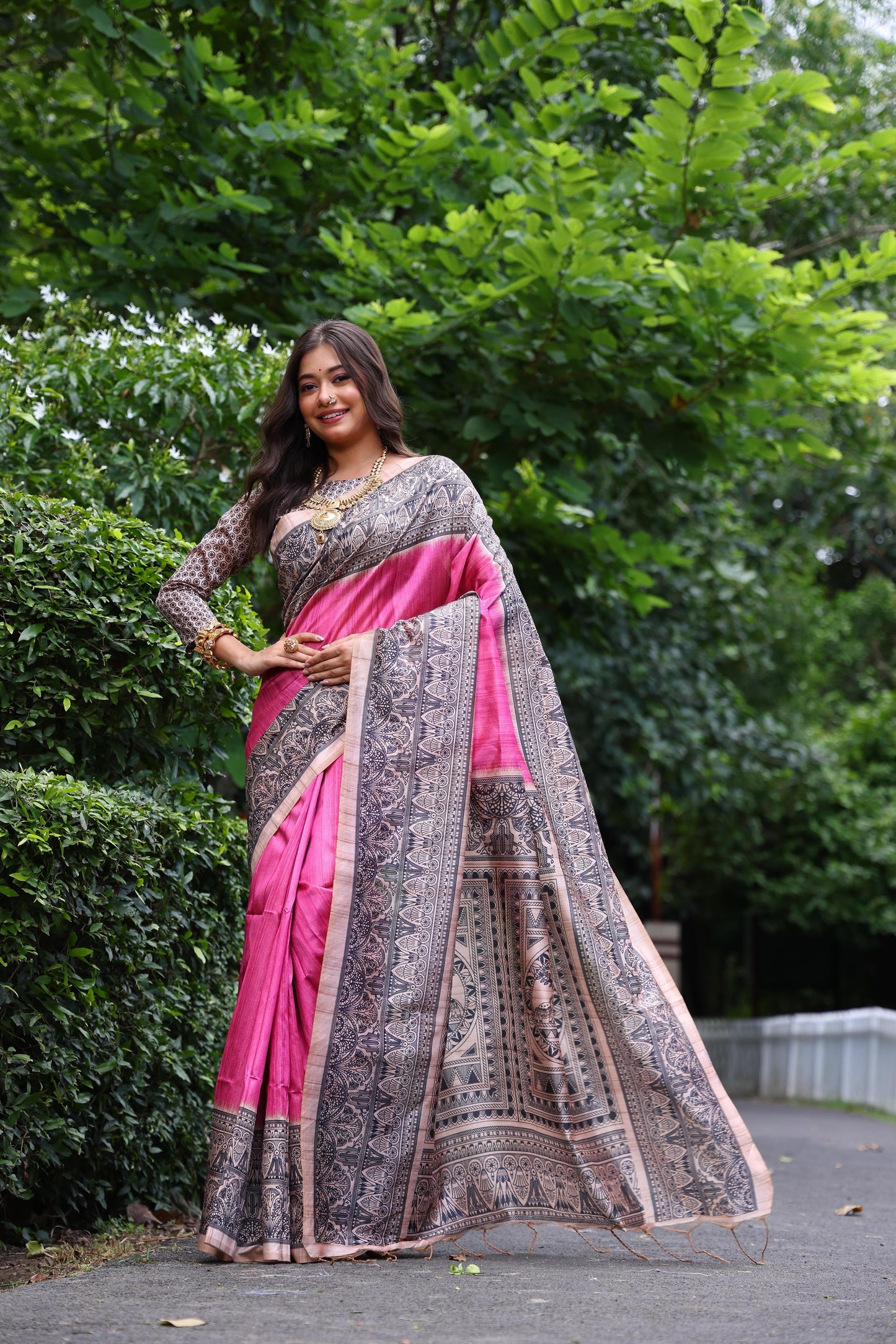 Soft Tussar Silk Saree with Madhubani Print | Traditional Pallu & Fancy Tassels | Ready Stock