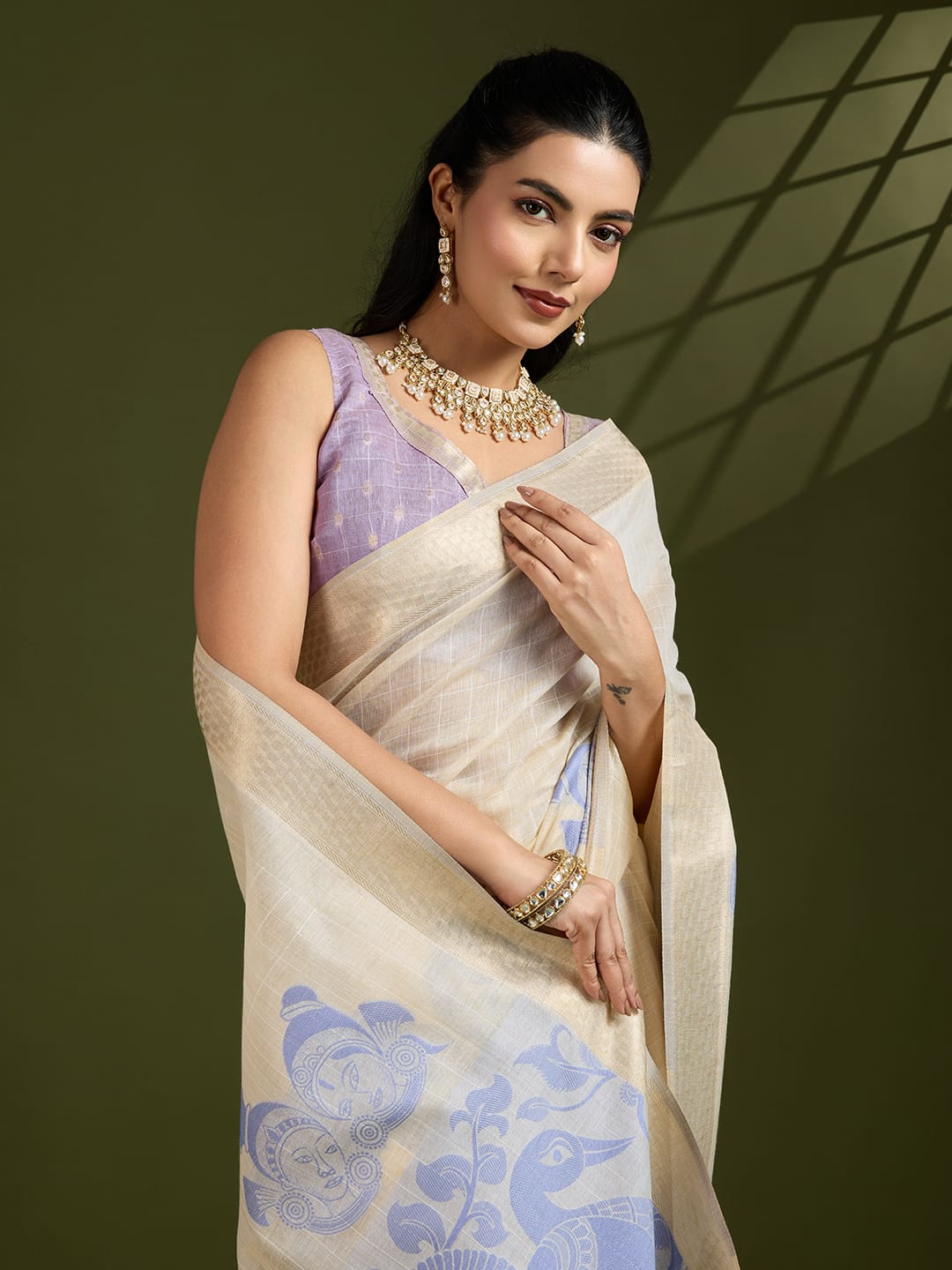 Traditional Kalamkari Peacock Weaving Saree with Checks Pattern
