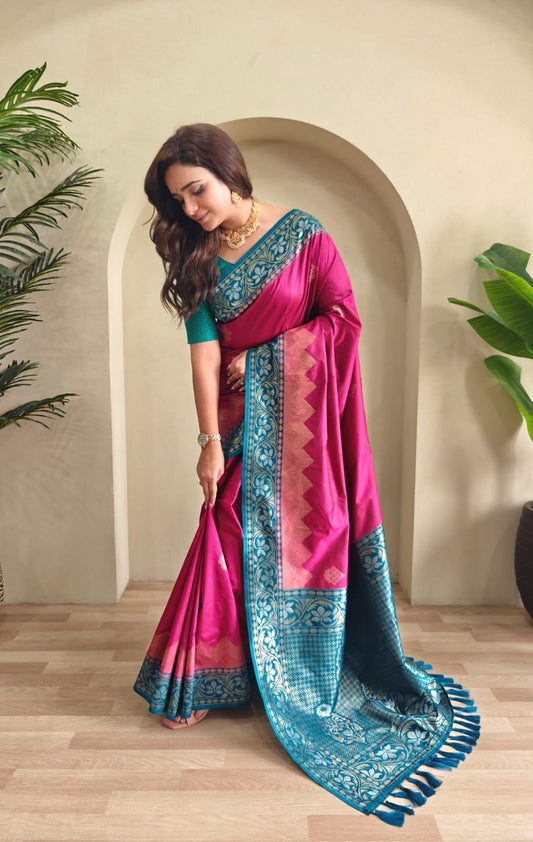 Vidhi | Dual-Tone Silk Saree with Zari Weaves & Designer Border