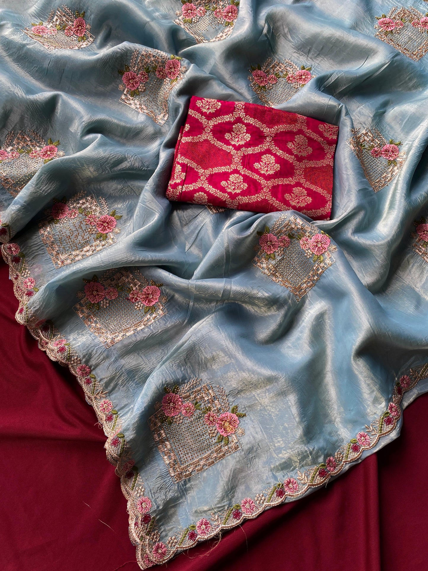 Pure Paper Silk Crush Saree with Embroidery & Swarovski Work