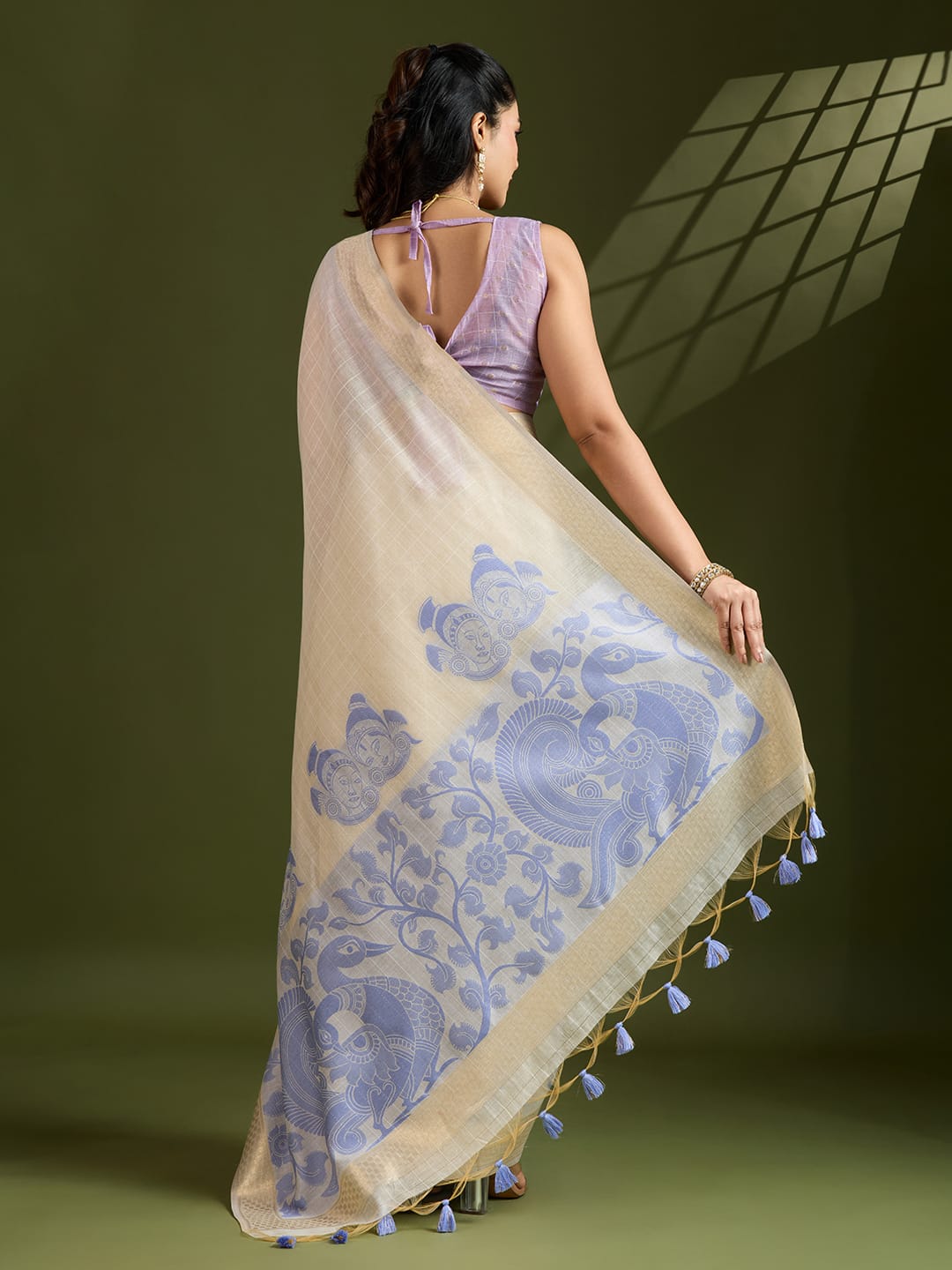 Traditional Kalamkari Peacock Weaving Saree with Checks Pattern