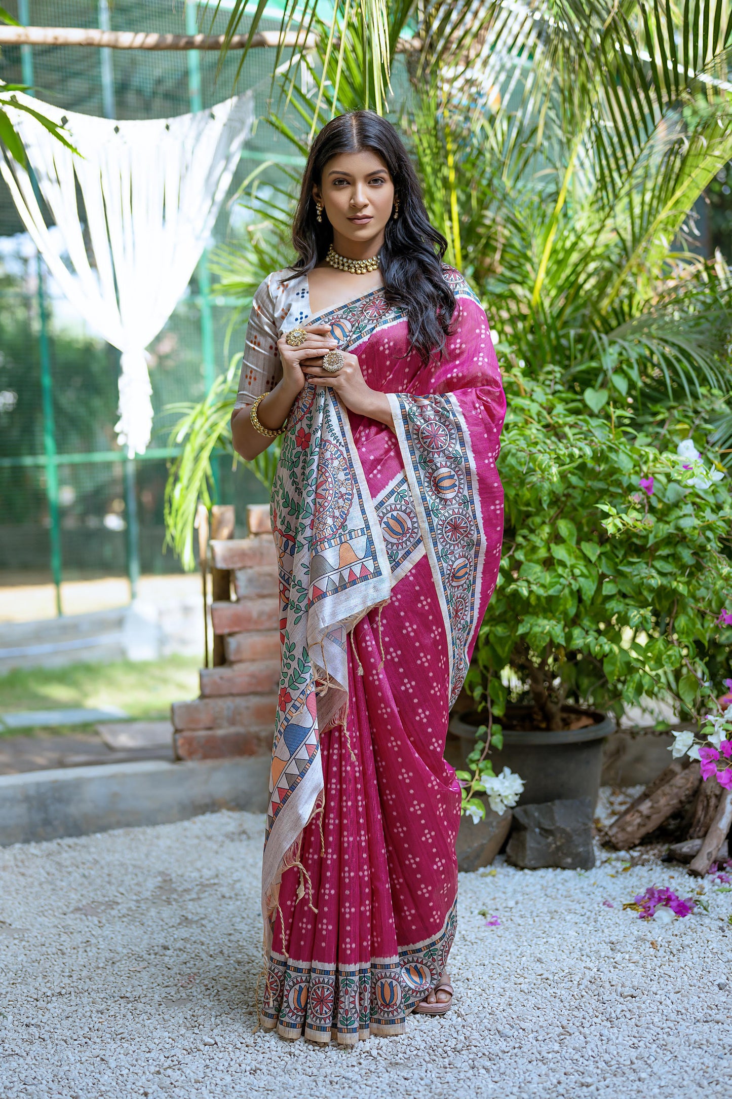 Yogita Madhubani | Artisan Tussar Silk Saree with Bandhani & Print