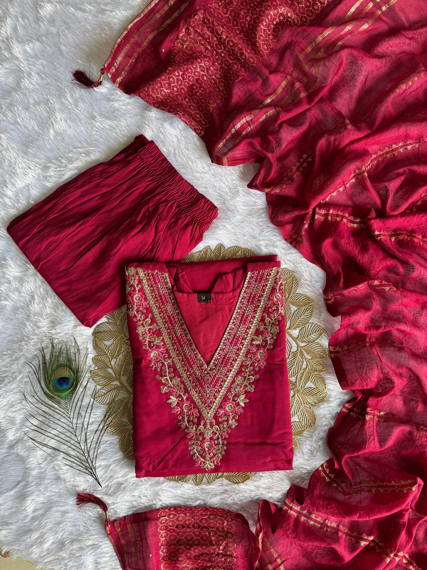 Cherry Red Roman Silk Kurti Set | Embroidered Designer Wear with Sequinned Dupatta