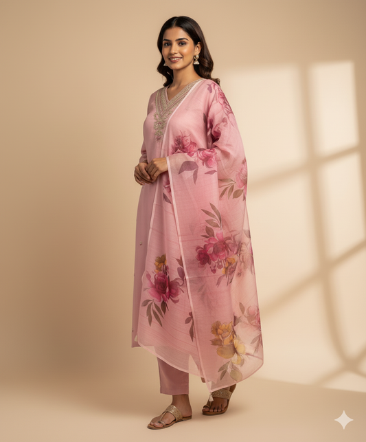 Light Peach Roman Silk Kurti Set | Embroidered Designer Wear with Digital Print Dupatta