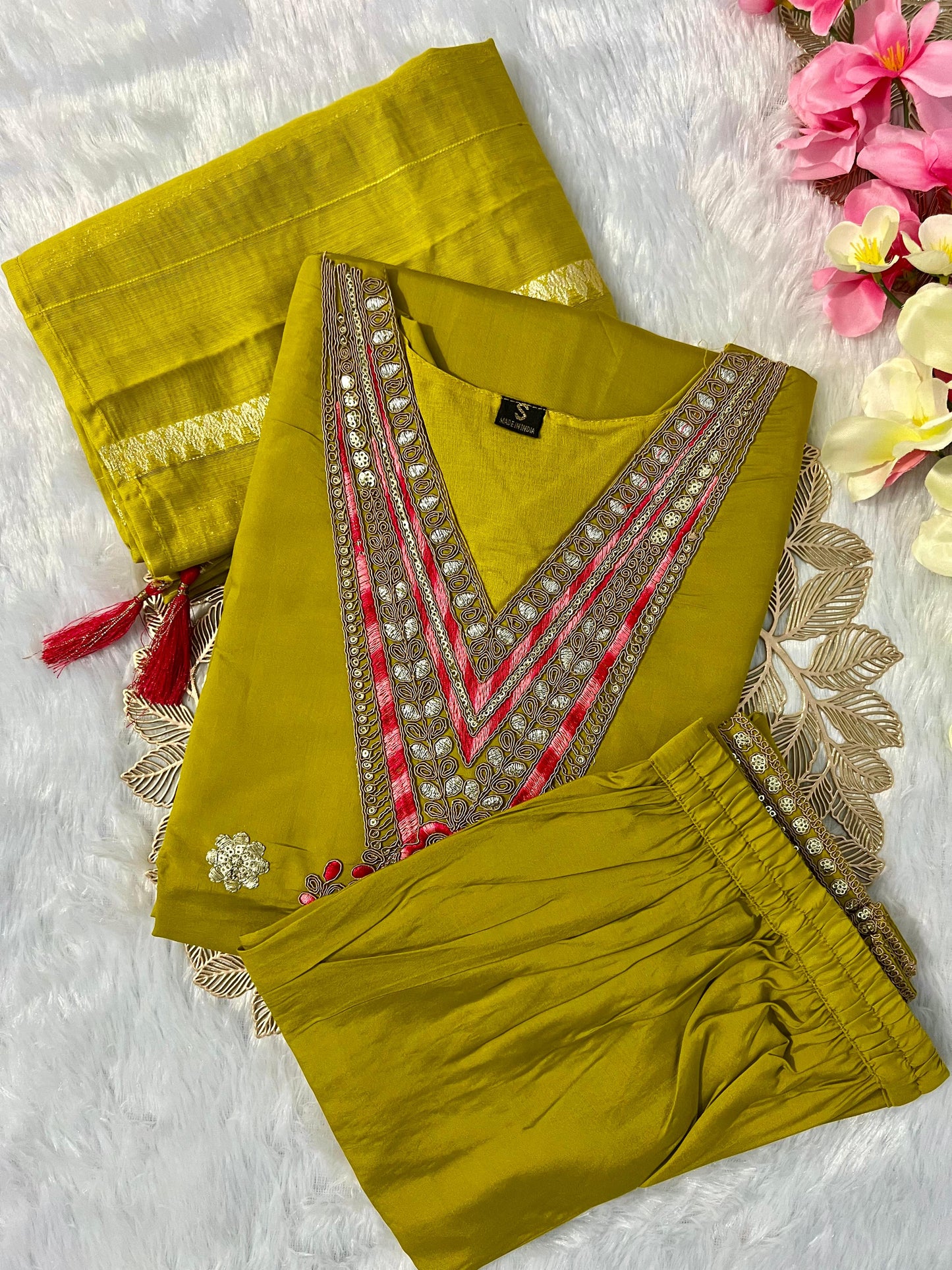 Roman Silk Kurti Set with Embroidered Details & Cotton Silk Dupatta | 3-Piece Luxury Ensemble