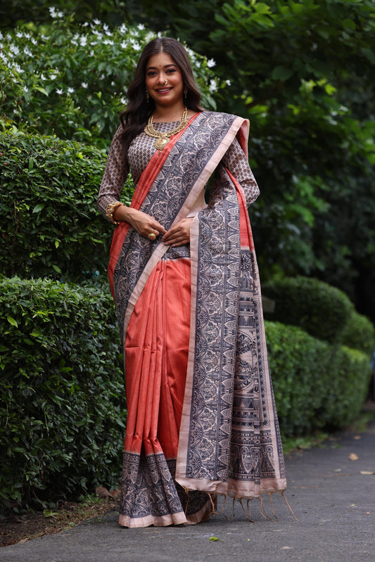 Soft Tussar Silk Saree with Madhubani Print | Traditional Pallu & Fancy Tassels | Ready Stock