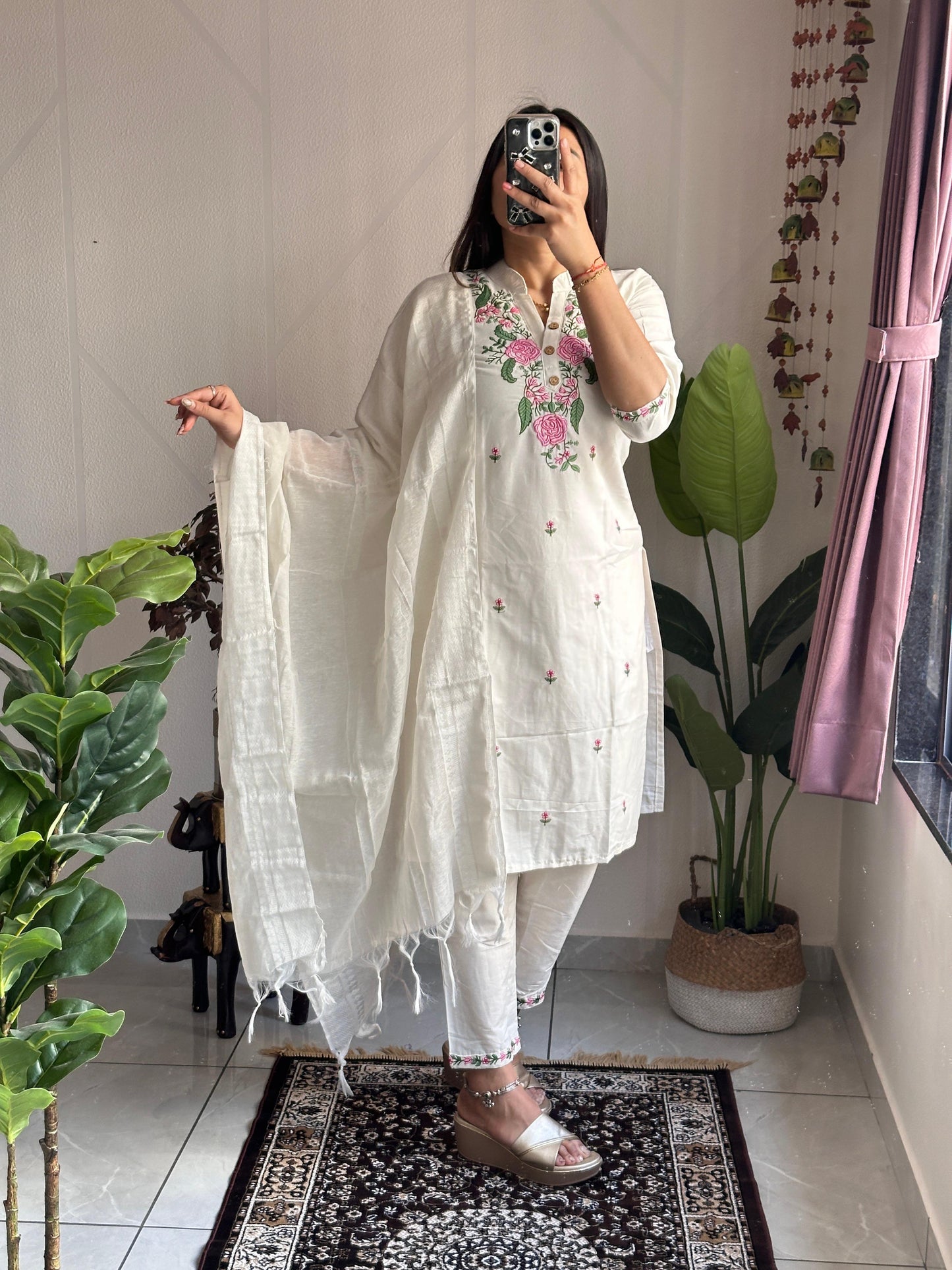 Pure White Khadi Cotton Kurti Set with Embroidery & Zig-Zag Border Dupatta | Ethically Crafted Ensemble
