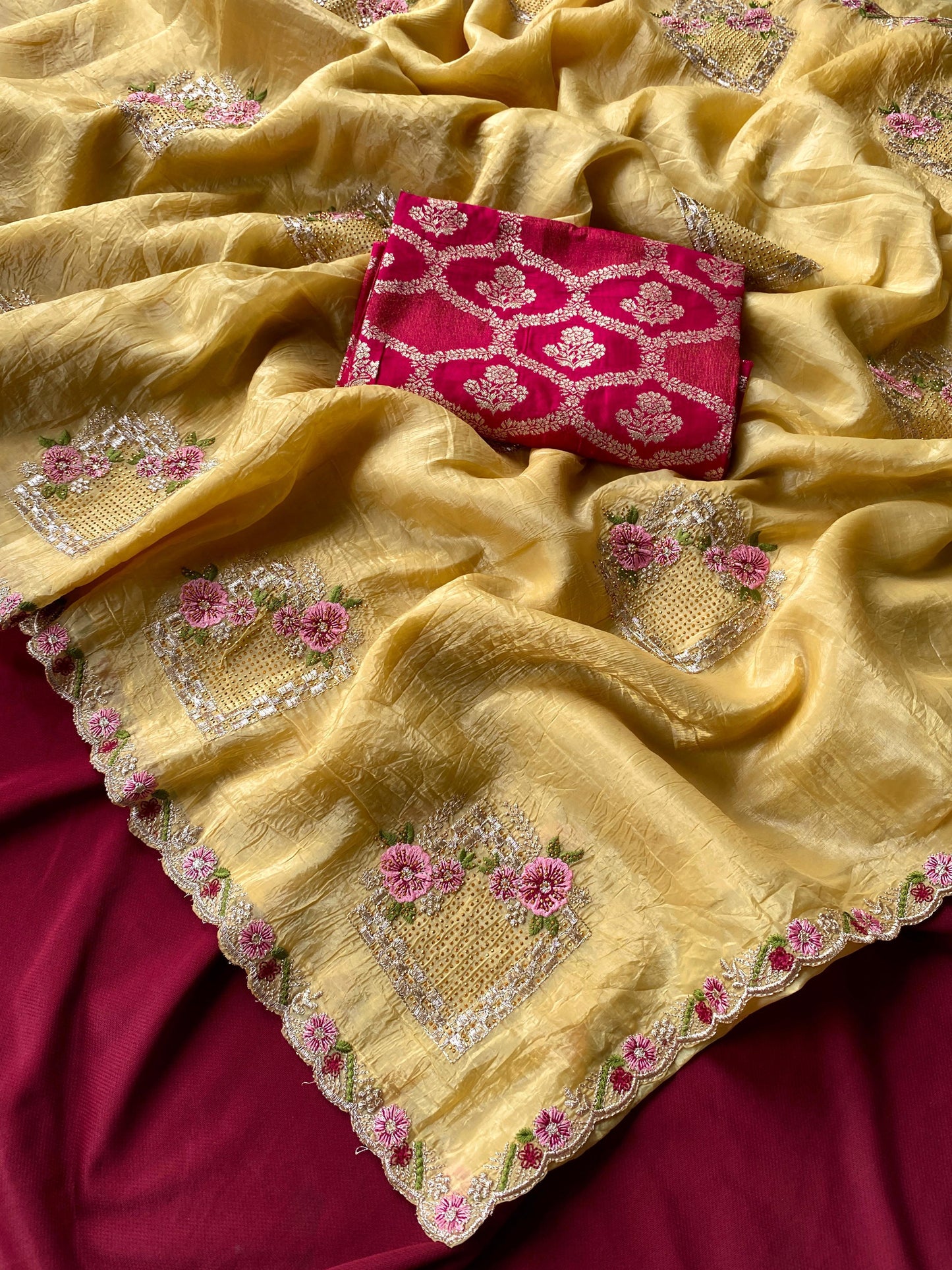 Pure Paper Silk Crush Saree with Embroidery & Swarovski Work