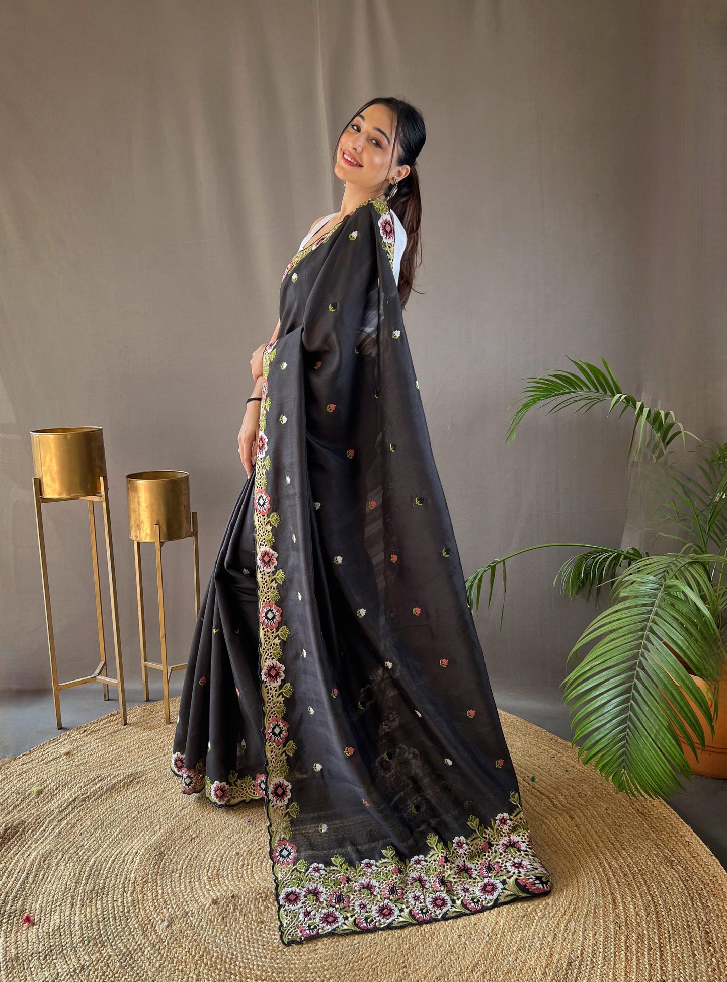 Narmada | Pure Matka Silk Saree with Embroidered Buttis & Cutwork Pallu
