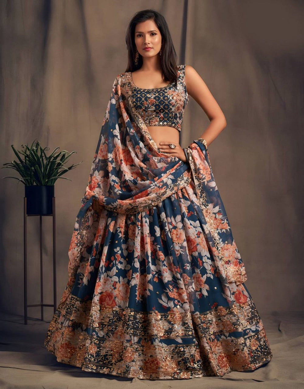 Organza Lehenga with Digital Print & Heavy Zari Sequence Work | 9 Colors Available | Ready to Ship