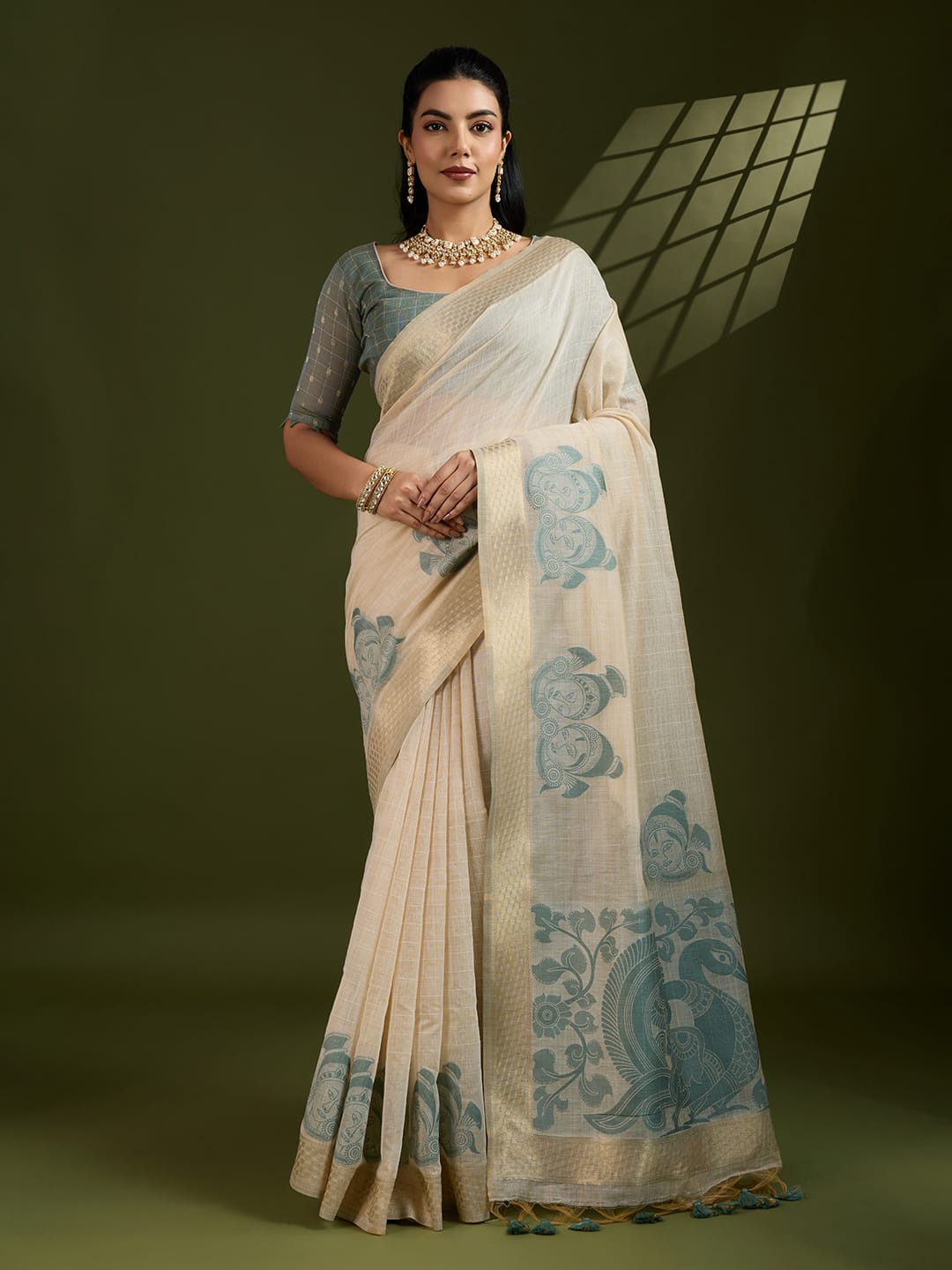 Traditional Kalamkari Peacock Weaving Saree with Checks Pattern